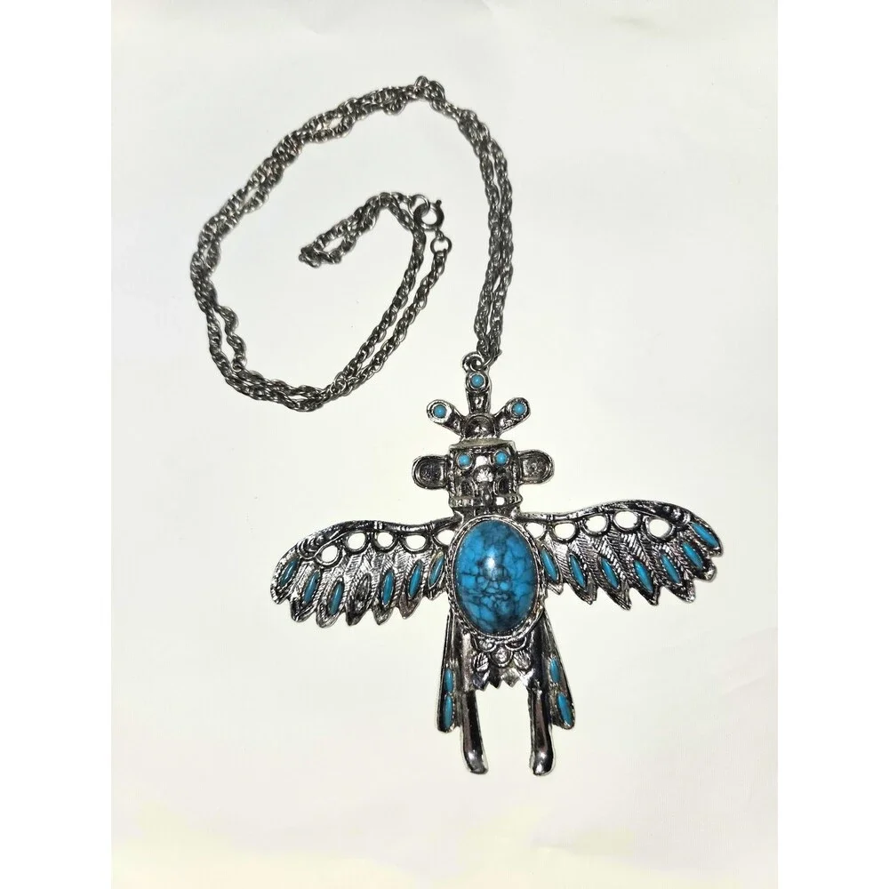 Southwest Style Thunderbird Pendant Necklace Turquoise Color Accents Silver Tone